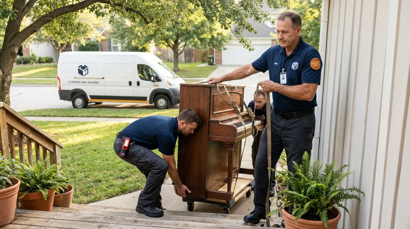 Licensed piano movers securing grand piano in Conejos, CO