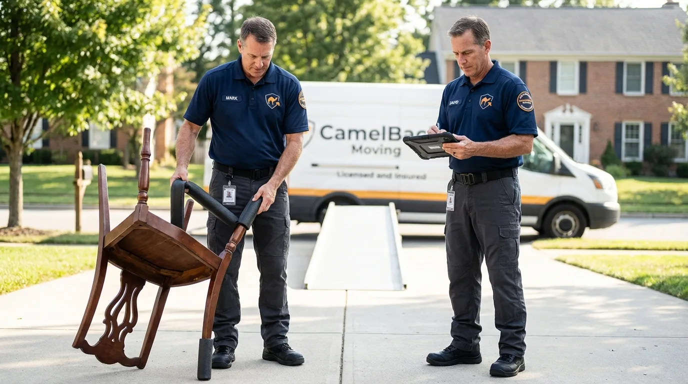 Movers inspecting furniture for damage prevention before loading in Conejos, CO