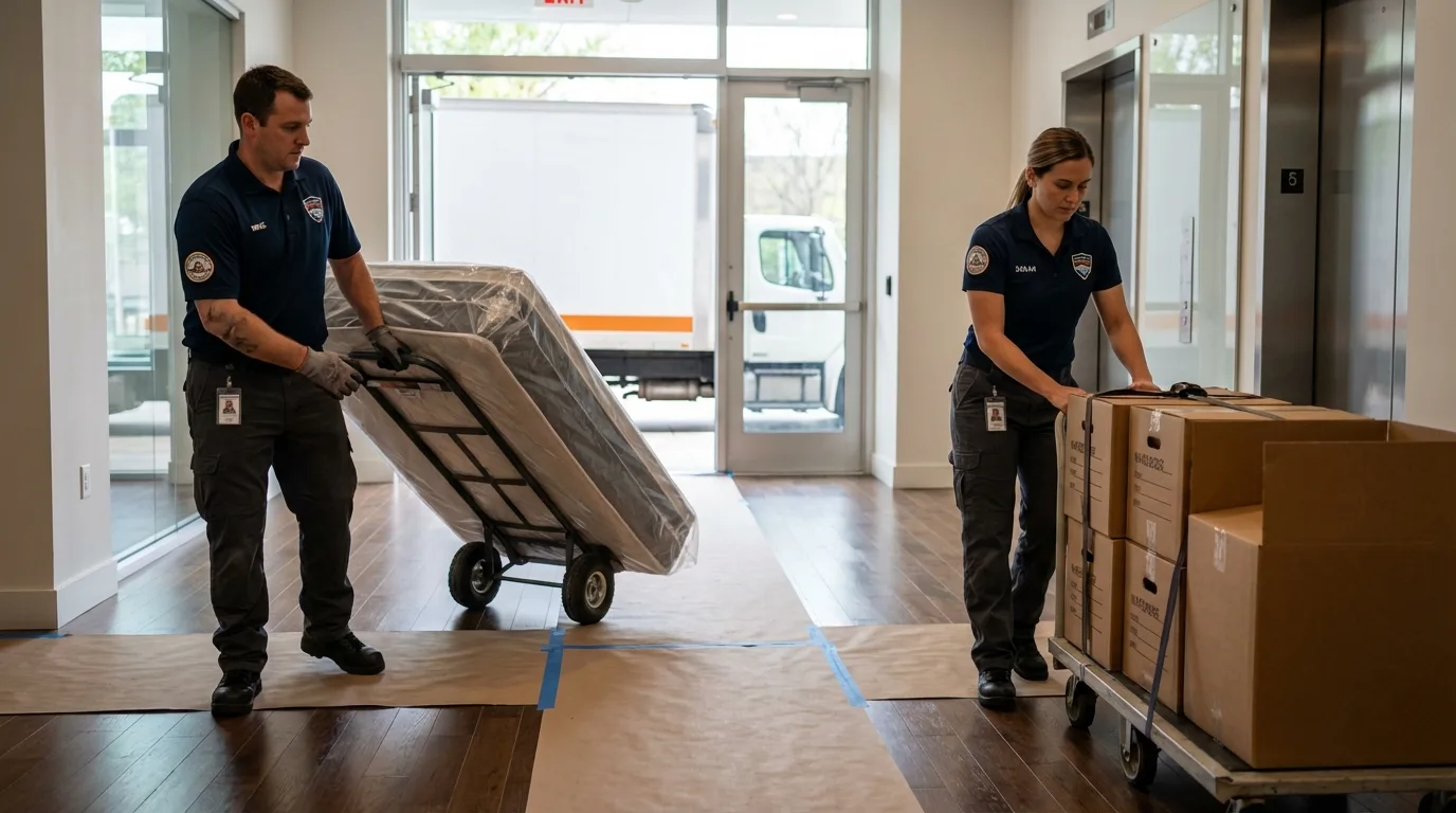 Professional apartment movers loading elevator in Conejos, CO